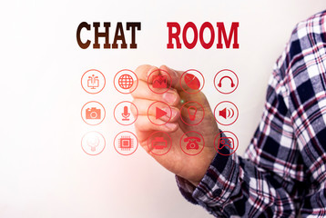 Conceptual hand writing showing Chat Room. Concept meaning area on the Internet or computer network...