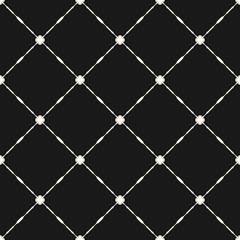 Fototapeta premium Vector grid seamless pattern. Abstract geometric texture with thin square lattice, carved shapes, diagonal lines. Elegant monochrome vintage background, repeat tiles. Dark design for decor, covers