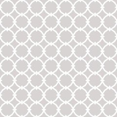 Subtle ornamental vector seamless pattern with geometric tiles, star shapes, grid. Elegant white and gray ornament. Simple abstract background texture. Repeat design for decor, prints, covers, carpet