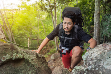 hiker man climbing up in forest