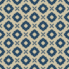 Vector golden floral seamless pattern. Navy blue and gold luxury ornament. Geometric background with small flower shapes, crosses, repeat tiles. Elegant abstract texture. Design for decor, wallpapers
