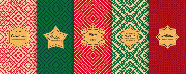 Christmas vector seamless patterns collection. Set of colorful holiday background swatches with elegant labels. Winter nordic scandinavian style abstract textures. Retro vintage design for decoration © Olgastocker