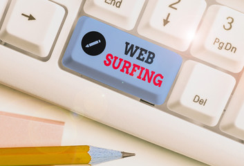 Text sign showing Web Surfing. Business photo showcasing Jumping or browsing from page to page on the internet webpage