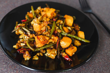 healthy plant-based recipes, sauteed mediterranean veggies with dismantled hash brown