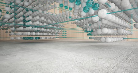 Fototapeta premium Abstract architectural wood and glass interior from an array of spheres with large windows. 3D illustration and rendering.