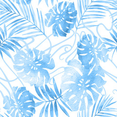 Watercolor botanical illustration: tropical leaves silhouettes on tracery background.