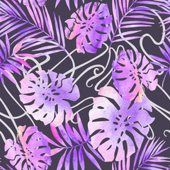 Watercolor botanical illustration: tropical leaves silhouettes on tracery background.