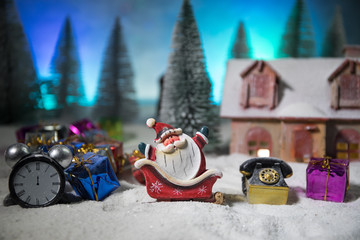 Traditional holiday attributes on snow. Creative artwork decorations. Empty space for your text