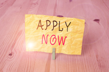 Conceptual hand writing showing Apply Now. Concept meaning An act of a demonstrating to acquire the...