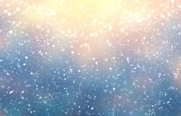 Obraz premium Winter outdoor cool background. Snowfall and festive flare pattern. Yellow blue gradient. 