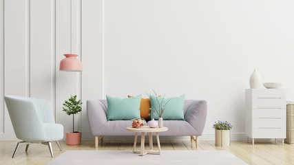 Foto op Plexiglas Bright and cozy modern living room interior have sofa and lamp with white wall background. © Vanit่jan
