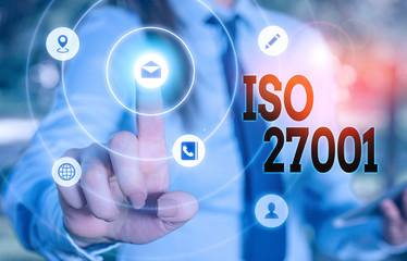 Writing note showing Iso 27001. Business concept for specification for an information security analysisagement system