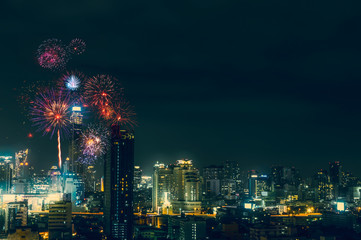 city view and Bangkok with beautiful fireworks