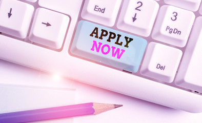 Word writing text Apply Now. Business photo showcasing An act of a demonstrating to acquire the job...