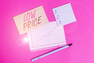 Writing note showing Low Price. Business concept for Price are the lowest in relation to other...