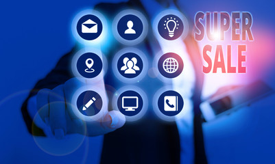 Conceptual hand writing showing Super Sale. Concept meaning offering exceptional discounts on...