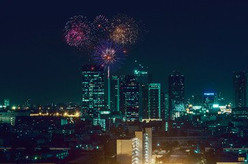 city view and Bangkok with beautiful fireworks