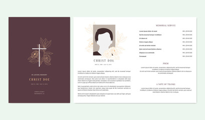 Floral memorial and funeral invitation card template design, magnolia and leaves, scarlet and orange tones