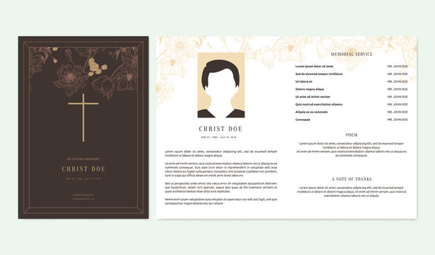 Floral memorial and funeral invitation card template design, outline various flowers, brown tone