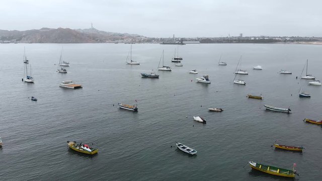 Yachts, Boats, Marina, Pacific Ocean, port city (Coquimbo, Chile) aerial view