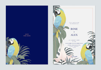 Floral wedding invitation card template design, blue-and-yellow macaw with various tropical plants, blue and orange tones © momosama