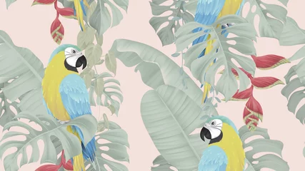 Foto auf Glas Botanical seamless pattern, various tropical leaves and blue-and-yellow macaw on light red © momosama