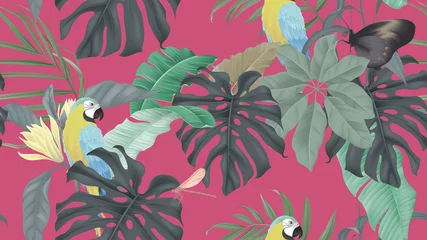 Gordijnen Botanical seamless pattern, various tropical leaves and blue-and-yellow macaw on pink © momosama