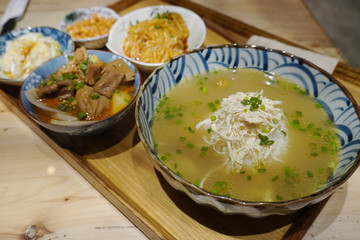 Shanghai style chicken soup with rice set comes with appetiser like stir fry chili potatoes, braised pork and pickled vegetable.
