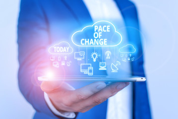 Conceptual hand writing showing Pace Of Change. Concept meaning Shift in normal routine Variation in usual activities