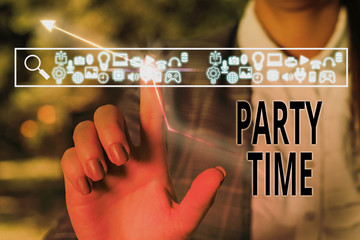 Conceptual hand writing showing Party Time. Concept meaning the right moment to celebrate and have...