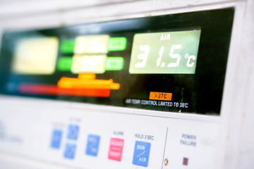 Close up of Temp monitor of baby incubator in the hospital with show the number of temperatures used to warm the sick newborn inside.