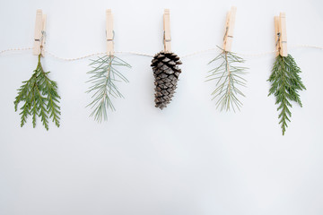 Evergreen Foliage and a pinecone close pinned to a white and gold string