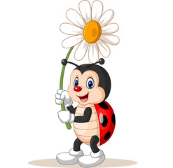 Cartoon cute ladybug holding flower