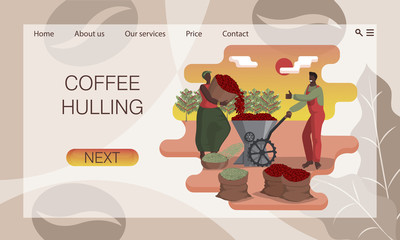 Fototapeta premium Hulling coffee. Black man and woman clean coffee beans from the pulp in huller. Bags with berries and green beans. Agricultural work. Flat cartoon style. Website concept, landing page design template