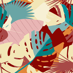 Fototapety  Jasny, wielokolorowy wzór z elementami tropikalnych liści, elementy abstrakcyjne. Nowoczesny abstrakcyjny kolaż.