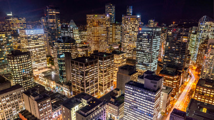 Vancouver, British Columbia, Canada. Aerial city view of  downtown, taken during a chill night after a beautiful sunset.