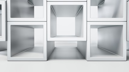 Empty white interior with cube shelves on the wall