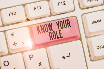 Writing note showing Know Your Role. Business concept for Be clear of one responsibilities in a job or situation Keyboard with note paper on white background key copy space