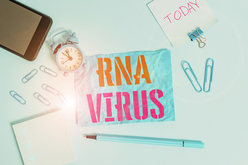 Word writing text Rna Virus. Business photo showcasing a virus genetic information is stored in the form of RNA Alarm clock clips notepad smartphone rubber band marker colored background