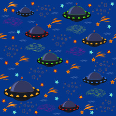 Unidentified flying object, UFO, starry sky, black background, vector, seamless pattern