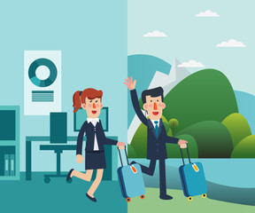 Successful businessman and business woman with suitcase. Business people vacation. Holidays time, recreation, travel and relaxation vector design. Mountain landscape background