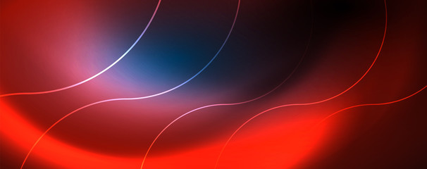 Trendy neon blue abstract design with waves and circles. Neon light glowing effect. Abstract digital background.