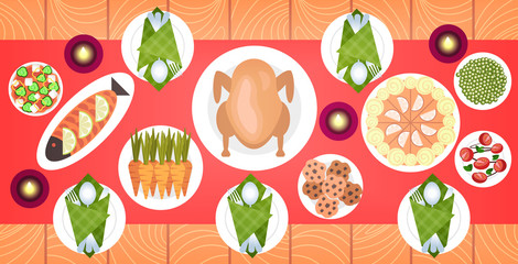 food on christmas or new year menu on dinner table roast duck and side dishes winter holiday celebration concept top angle view horizontal vector illustration