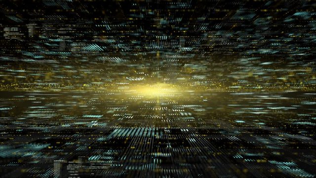 Digital  technology  in the future  concept. 3d rendering with lines and digital elements. Matrix particles cyber city space and hud windows move, network data and virtual reality world pixelated.