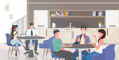 businesspoeple sitting at table having coffee break mix race business people discussing during meeting modern office kitchen dining room interior horizontal portrait vector illustration