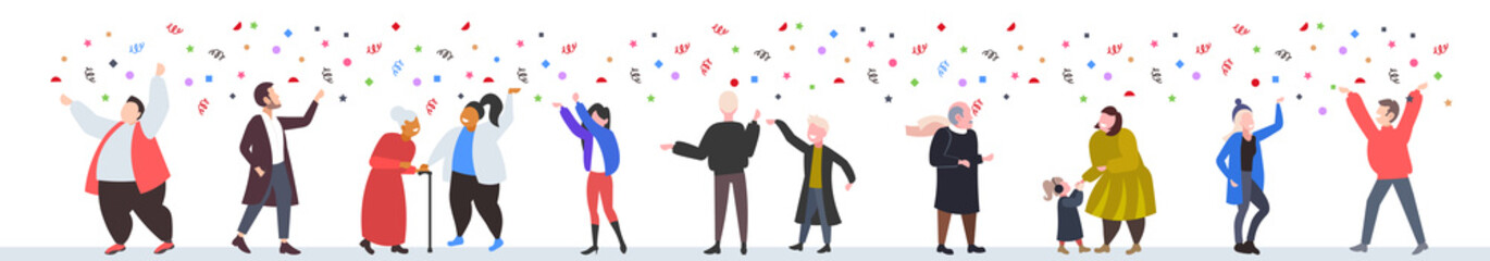 people celebrating merry christmas happy new year winter holidays concept men women standing together having confetti party horizontal full length vector illustration