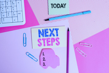 Writing note showing Next Steps. Business concept for numper of process going to be made after current one planning Writing equipments and computer stuffs placed above colored plain table