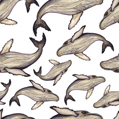 Whale watercolor pencils seamless pattern. Hand drawn painting, isolated, white background. Perfect for fabric, wrap paper, card, posters, wallpaper, textile and prints