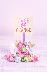 Writing note showing Pace Of Change. Business concept for Shift in normal routine Variation in usual activities Reminder pile colored crumpled paper clothespin wooden space