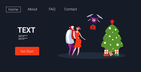 man woman in santa claus hat getting gift present box from drone delivery christmas new year holiday concept couple catching parcel shipping by air horizontal full length copy space vector